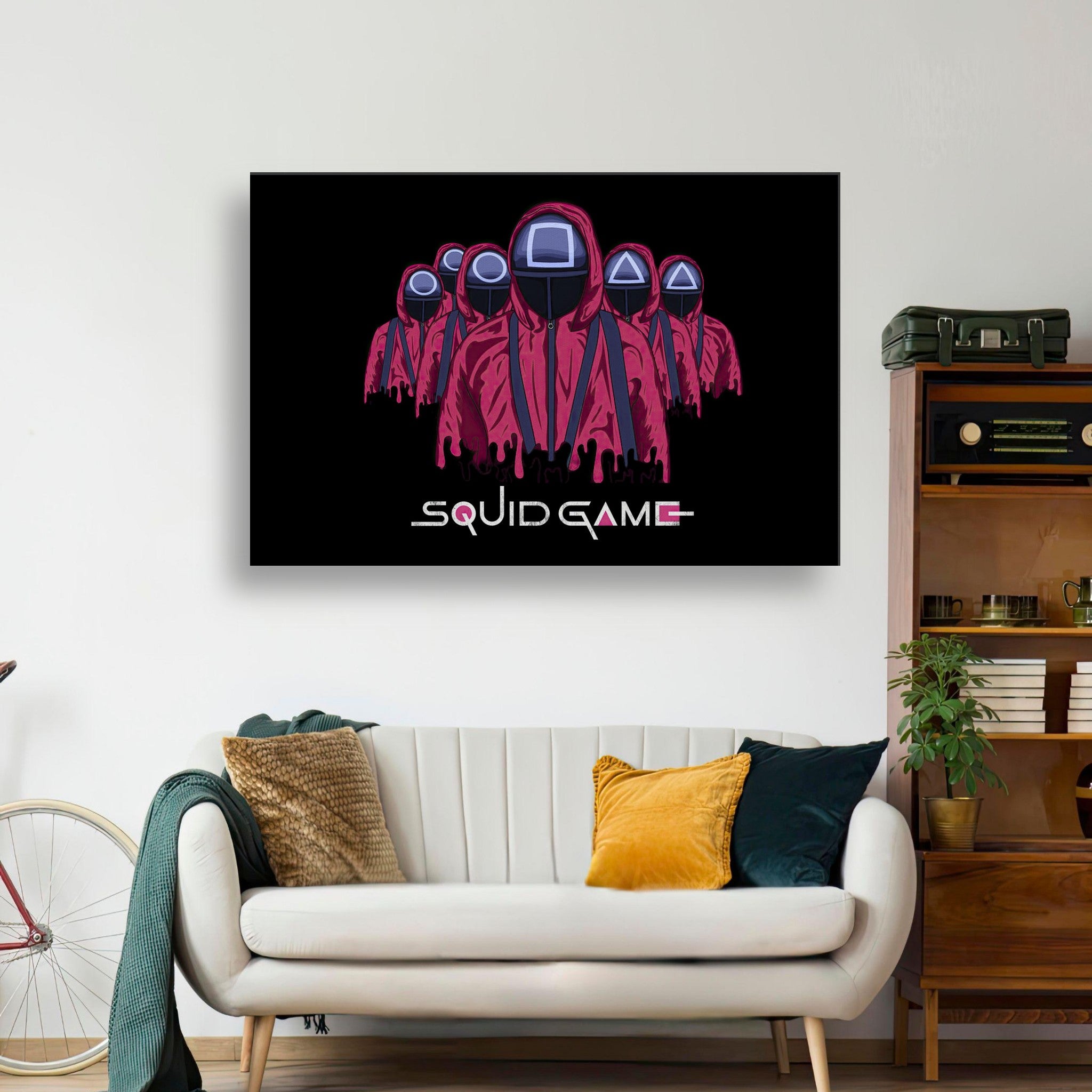 Squid Game Soldiers Canvas featuring iconic masked guards in red uniforms against a black background, perfect for fans.