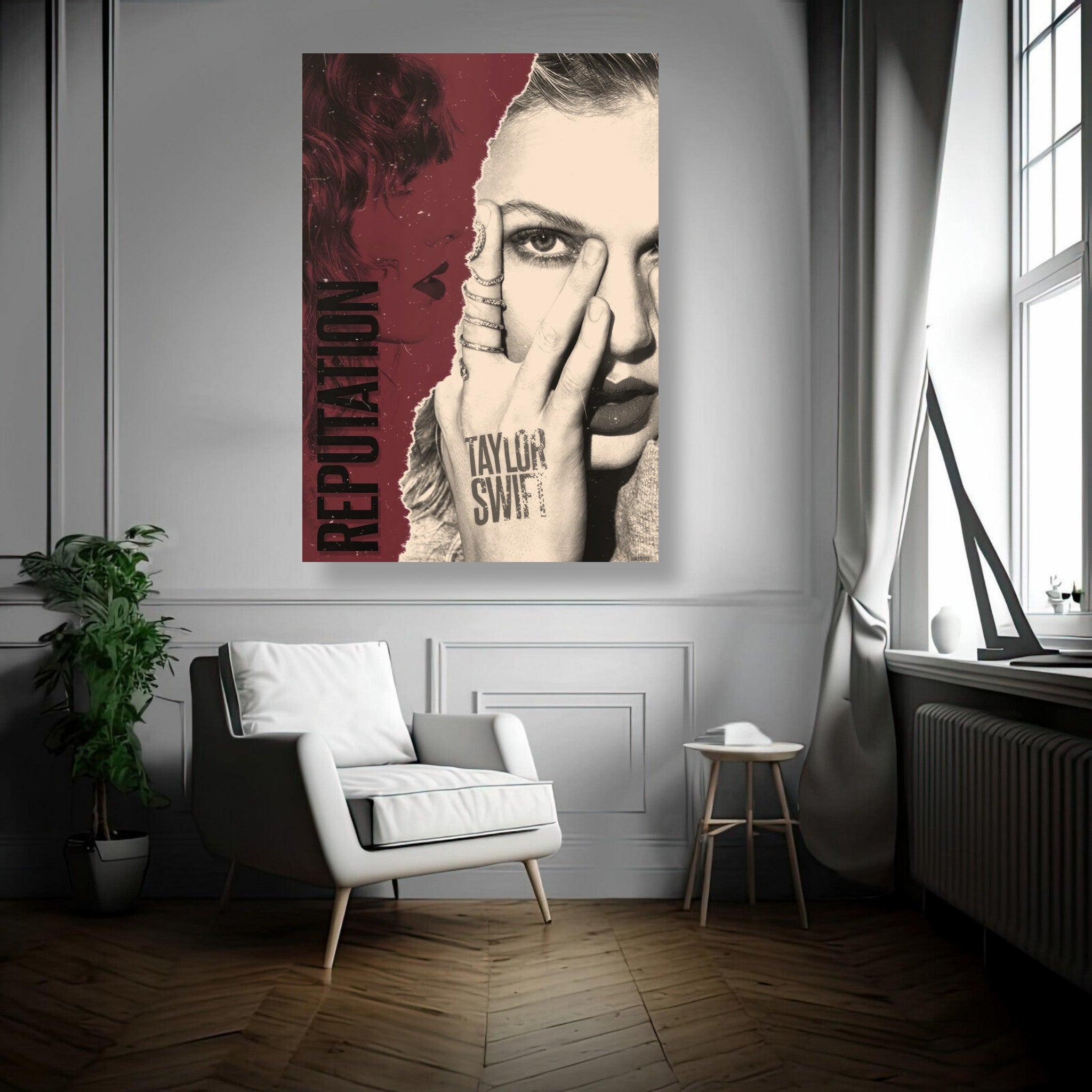 Taylor Swift Reputation metal print in modern living room, featuring bold design and striking imagery.