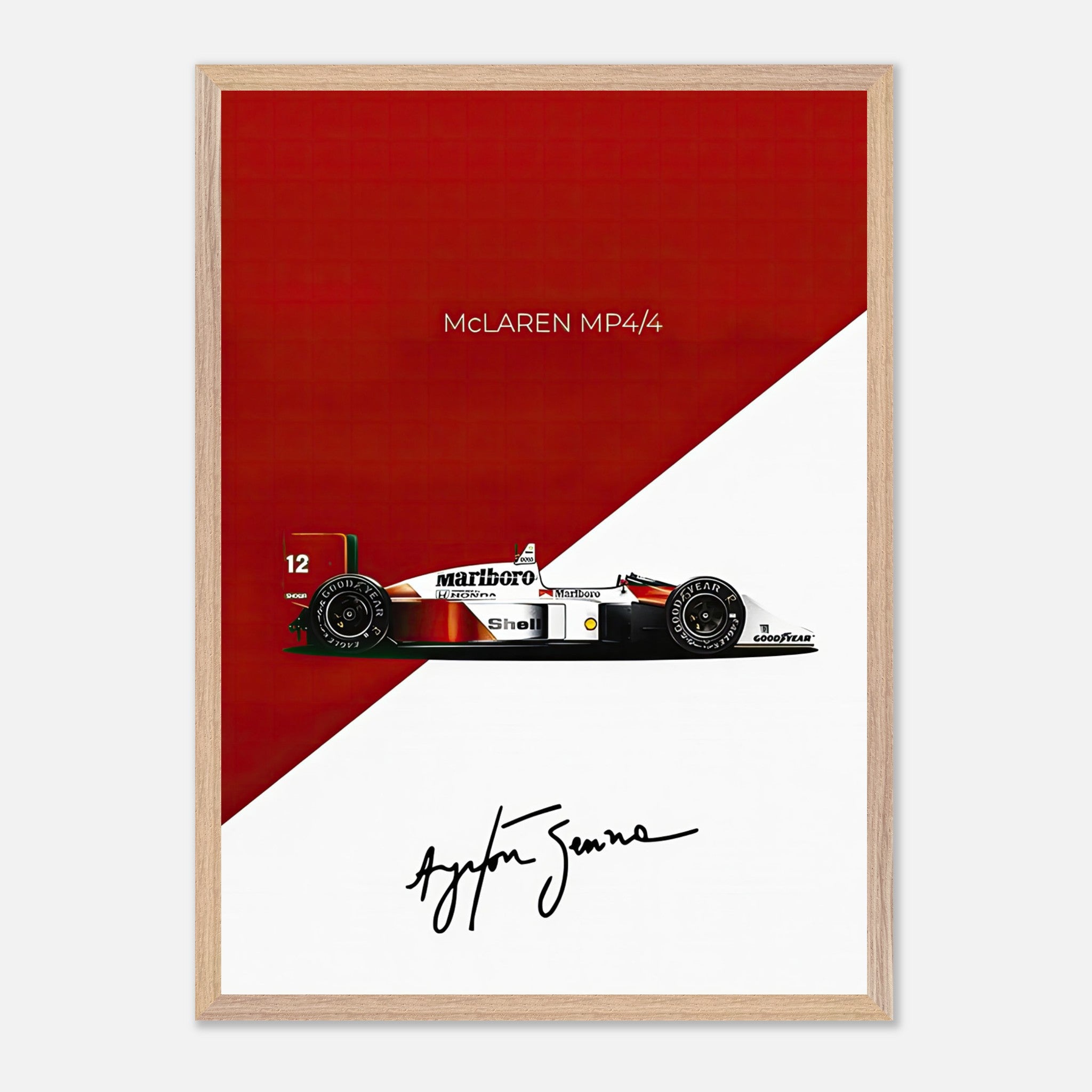 Ayrton Senna McLaren MP4/4 vintage framed print with red and white backdrop, showcasing iconic Formula 1 design.