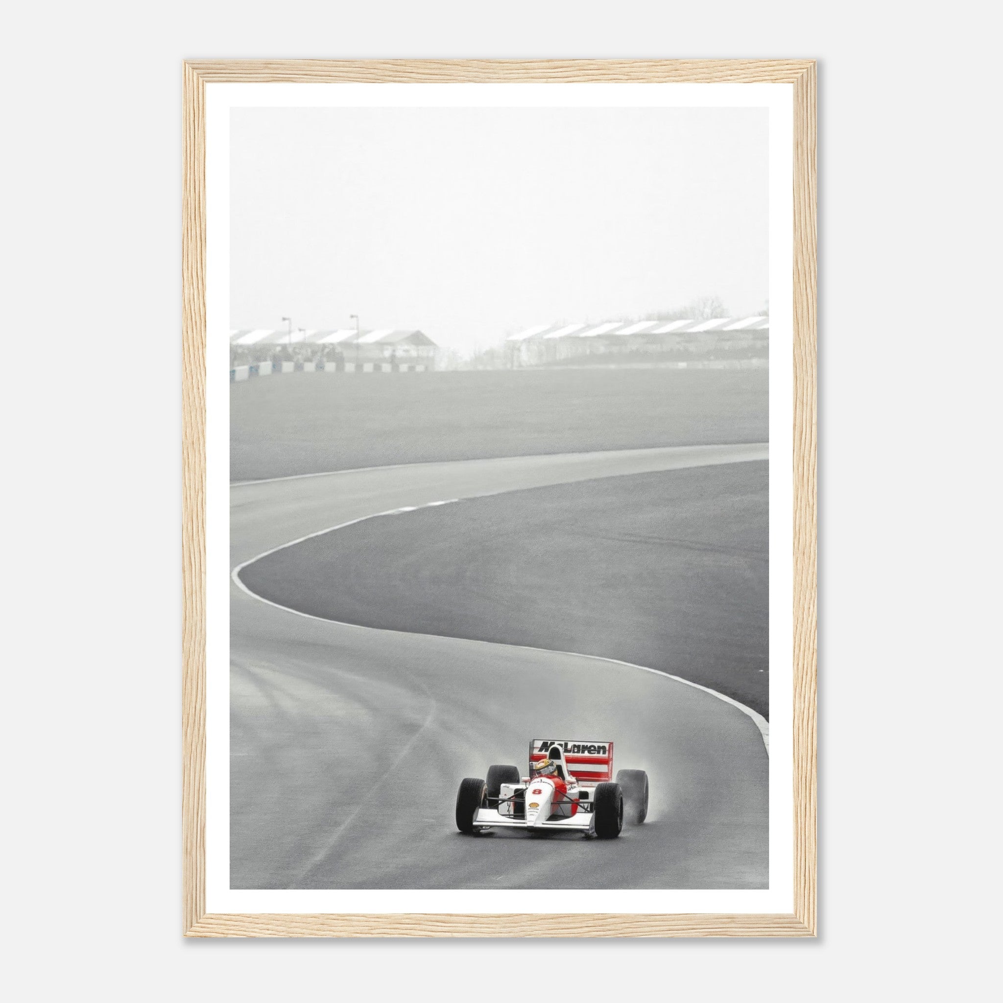 1988 Ayrton Senna driving McLaren MP4/4 captured in a stunning framed black and white print.