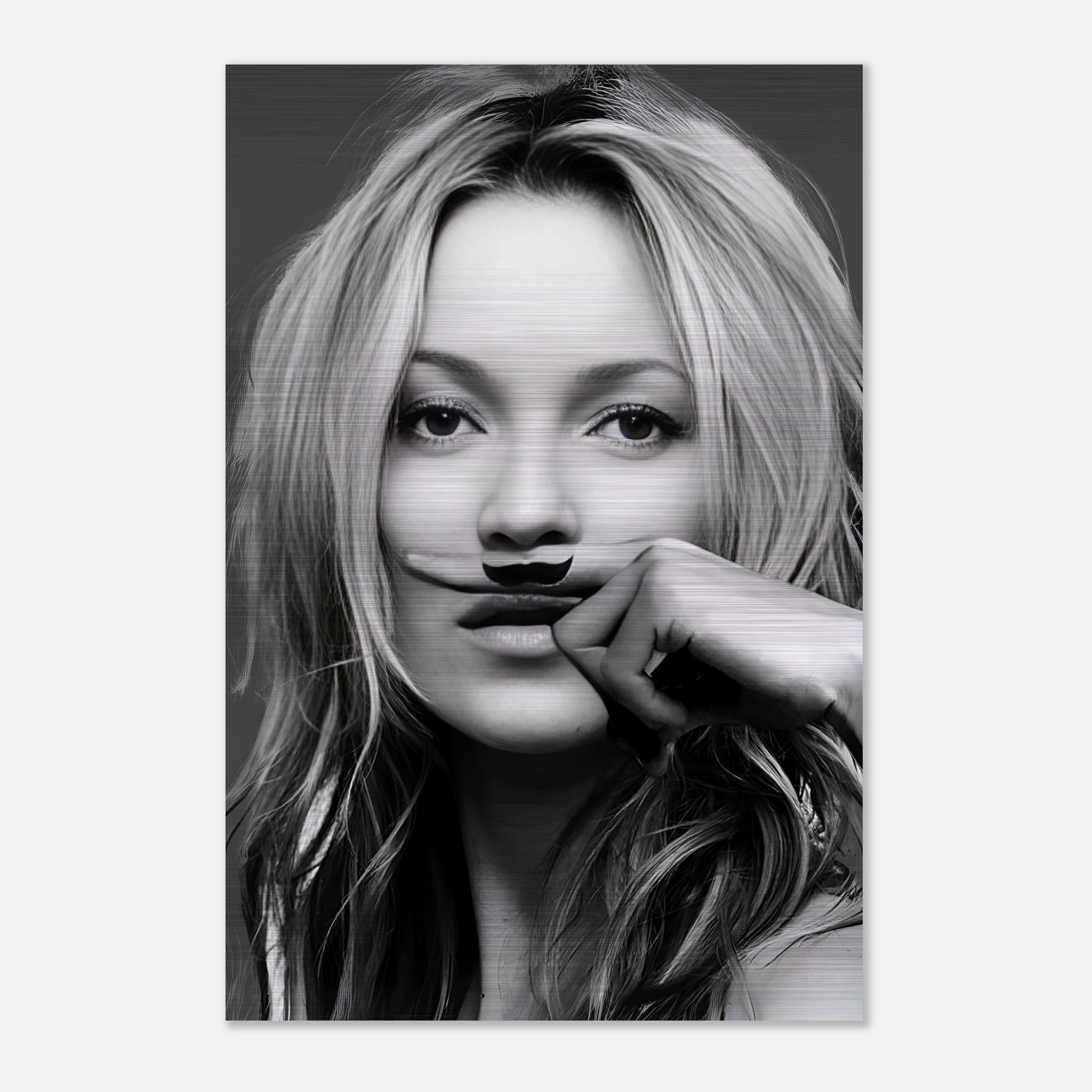 Kate Moss Mustache artwork in brushed metal, featuring a stylish design with a playful, iconic touch for modern decor.