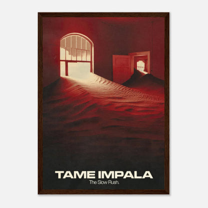 Framed print of Tame Impala's album The Slow Rush, featuring surreal red and gold artwork with ethereal imagery.