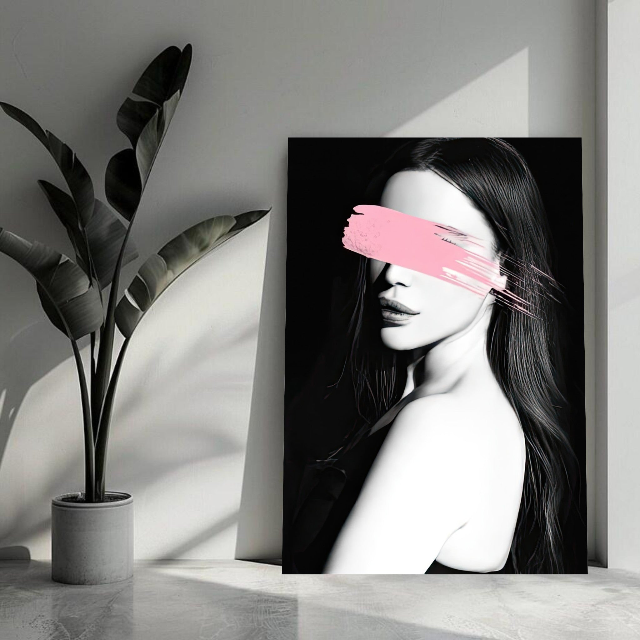 Pink Blindness metal print showcasing a monochrome portrait with a vibrant pink brushstroke across the eyes.