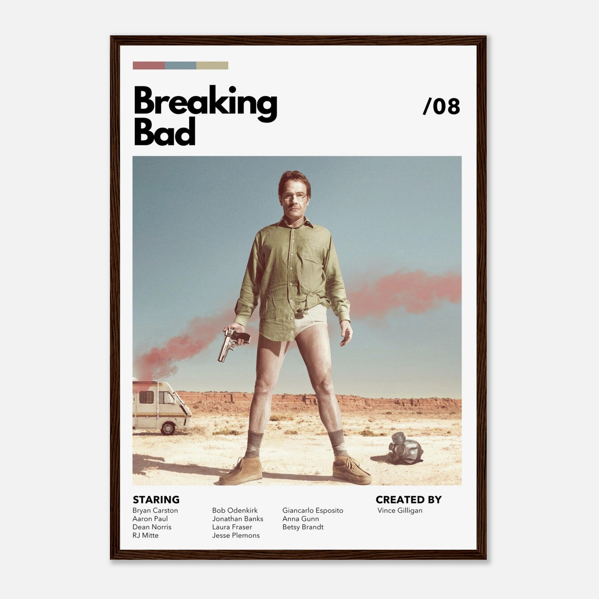 Retro Breaking Bad framed poster featuring Walter White in tighty-whities with revolver in desert setting.