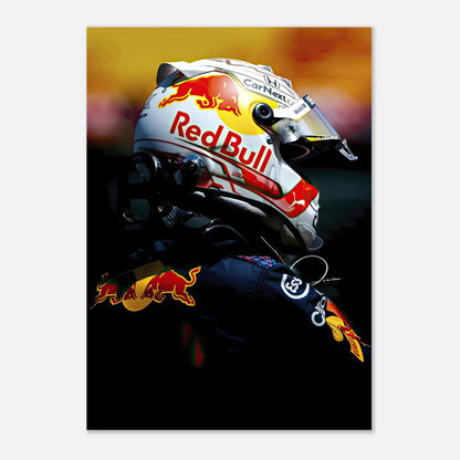 Max Verstappen Red Bull Racing helmet poster showcasing vibrant colors and sharp details for F1 fans.