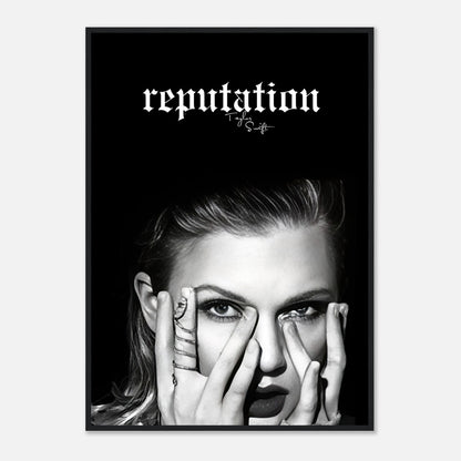 Taylor Swift Reputation framed print featuring striking black-and-white imagery and bold typography.