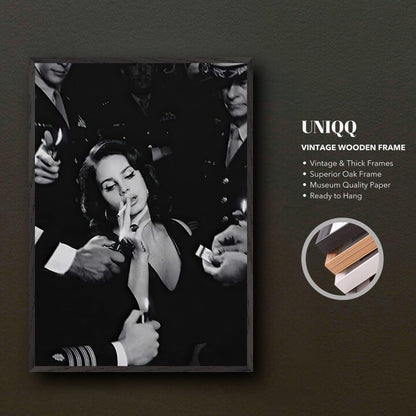 Lana Del Ray vintage black-and-white framed print featuring her smoking, with elegant oak frame and museum quality paper.