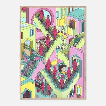 Squid Game Stairs fine art print featuring vibrant colors and intricate designs of iconic staircases.