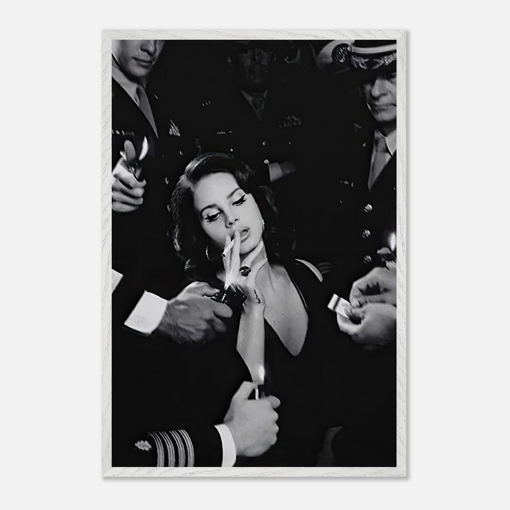 Lana Del Ray smoking in a vintage black-and-white photograph with men in military uniforms, framed art print.