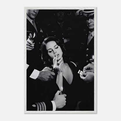 Lana Del Ray smoking in a vintage black-and-white photograph with men in military uniforms, framed art print.