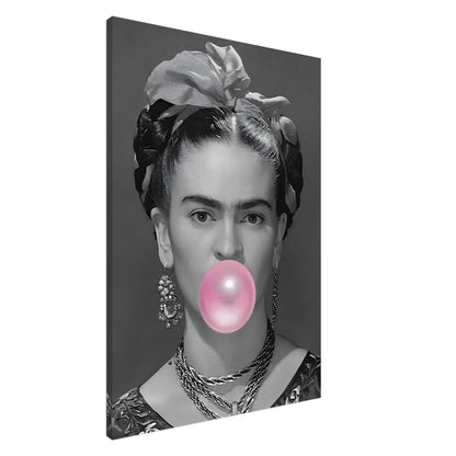 Frida Kahlo Bubble Gum canvas art featuring grayscale portrait with pink bubble gum detail, perfect for pop art lovers.