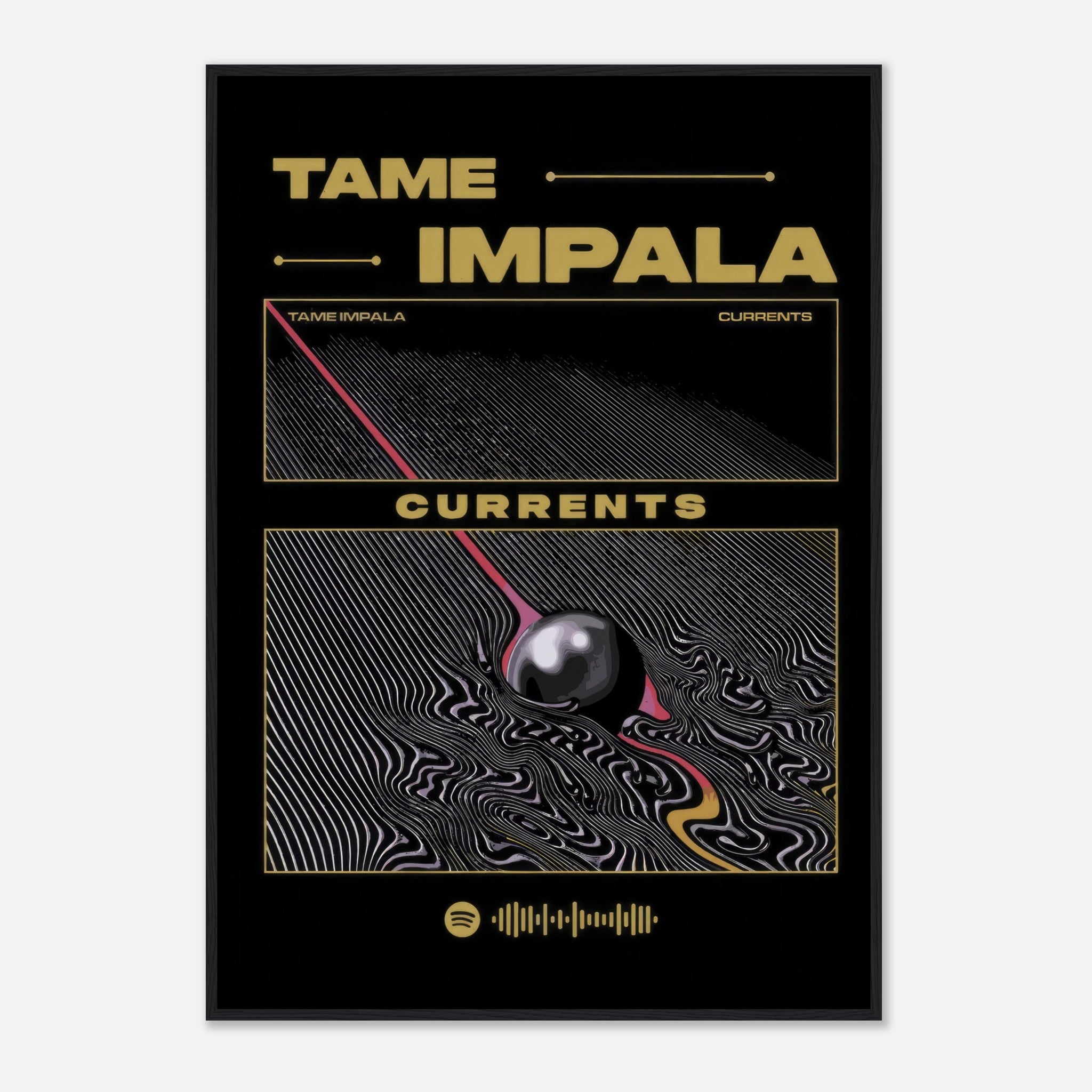 Tame Impala Currents framed poster featuring vibrant psychedelic artwork and iconic album design. Perfect for music lovers.