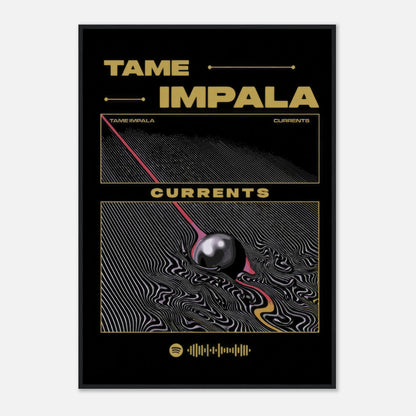 Tame Impala Currents framed poster featuring vibrant psychedelic artwork and iconic album design. Perfect for music lovers.