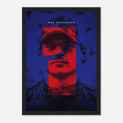 Max Verstappen themed framed print featuring dynamic design with bold colors and a sleek black frame, celebrating Formula 1.