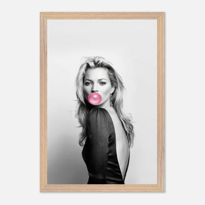 Kate Moss vintage framed print with pink bubble gum, showcasing iconic fashion photography in black-and-white.