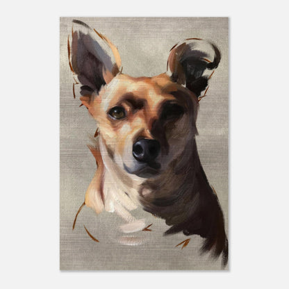 Chihuahua dog painting on brushed metal, featuring a detailed portrait showcasing the breed's expressive features.