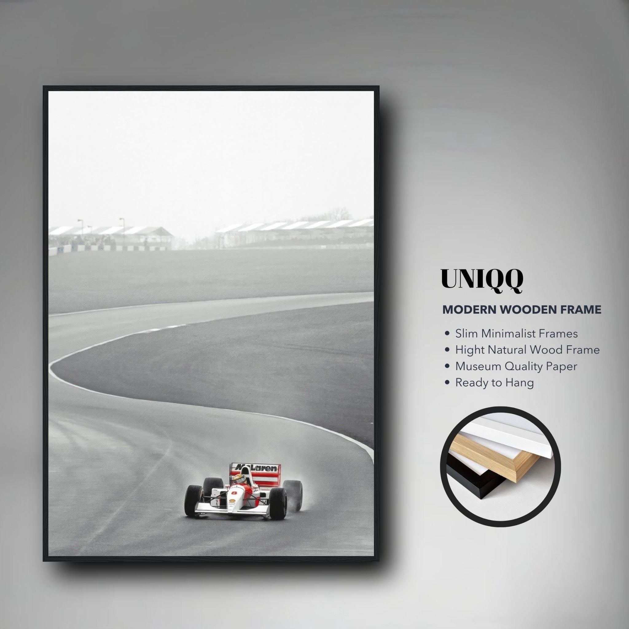 1988 Ayrton Senna McLaren framed print in modern wooden frame, showcasing iconic racing moment on track.