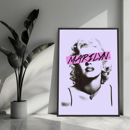 Vintage framed print of Marilyn Monroe with pink graphic detail, perfect for adding elegance to any modern space.