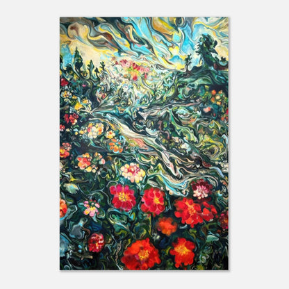 Abstract floral landscape painting metal print with vibrant blossoms in red, orange, and pink against a dynamic green background.