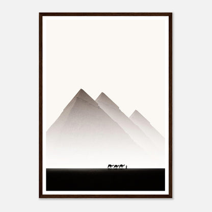 Framed print of Pyramids of Giza with camels silhouetted against desert sands in stunning Egypt travel photography.