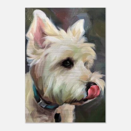Lifelike brushed metal painting of a West Highland White Terrier with playful expression.