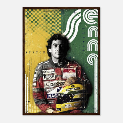 Ayrton Senna F1 legend framed print with vibrant colors and helmet, celebrating the Brazilian driver's legacy.