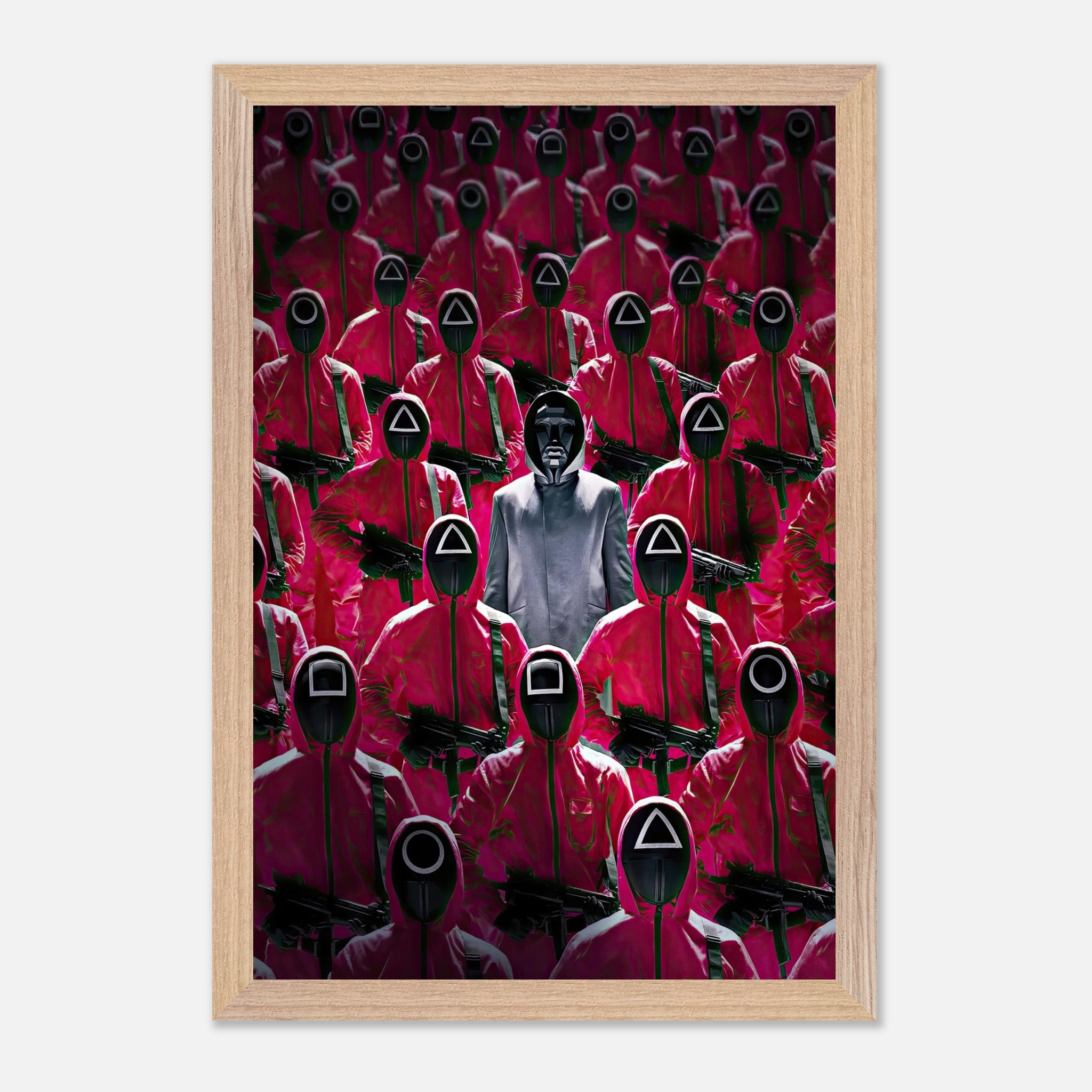 Squid Game Guards fine art print featuring bold pink uniforms and the Front Man in a crowd of masked figures.