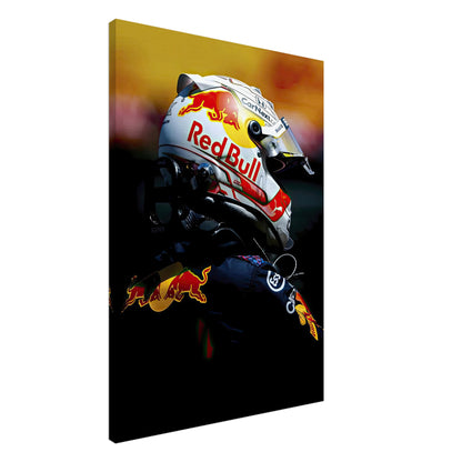 Max Verstappen canvas print featuring Red Bull Racing gear, vibrant colors, and detailed design, perfect for Formula 1 fans.