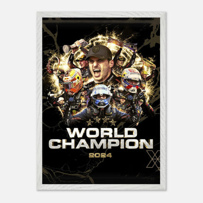 Max Verstappen 2024 F1 World Champion fine art print featuring vibrant imagery and celebratory design.