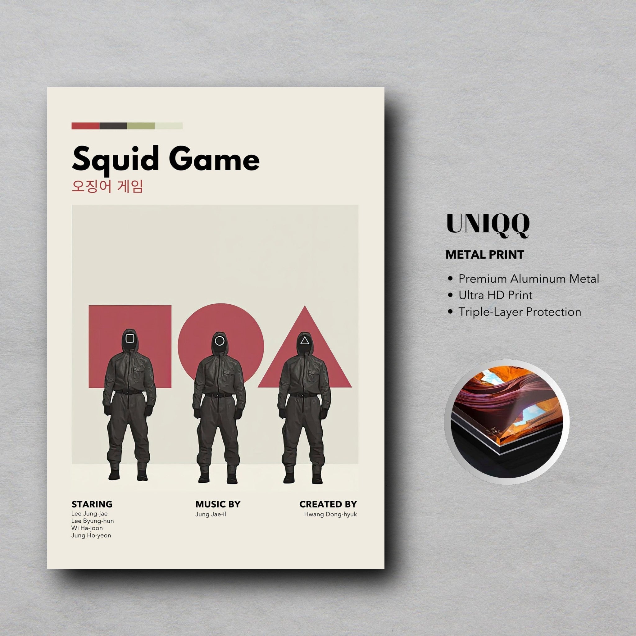 Squid Game vintage metal poster featuring minimalist artwork and iconic characters, perfect for fans and home decor.