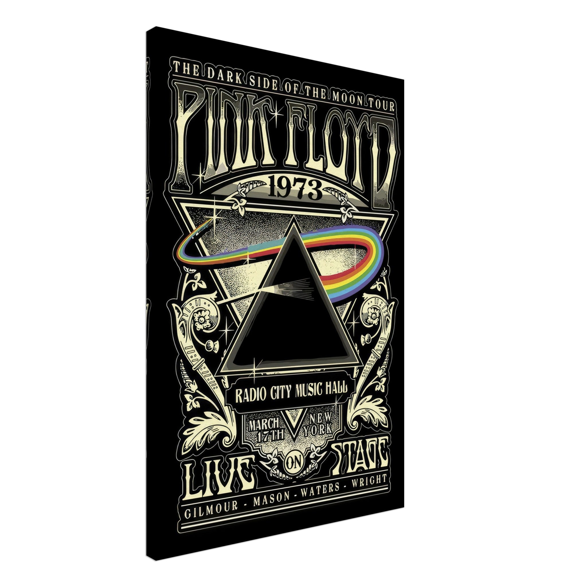 Pink Floyd 1973 The Dark Side of the Moon concert canvas featuring iconic prism and rainbow design, celebrating Radio City Music Hall.