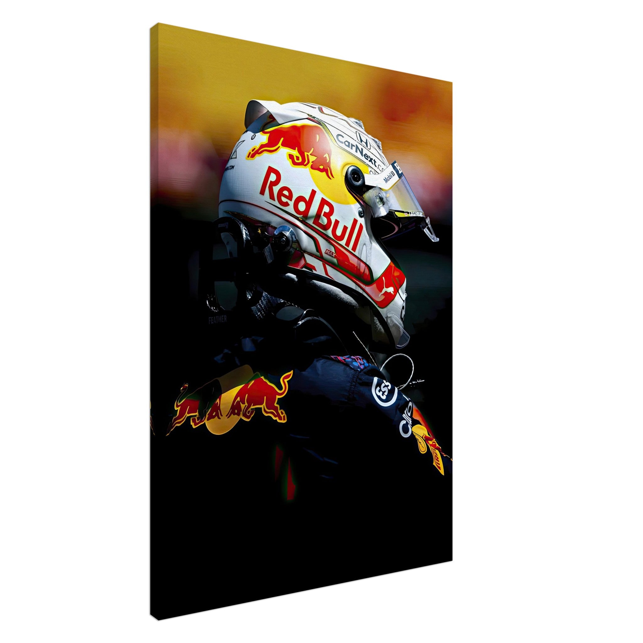 Max Verstappen canvas print showcasing him in Red Bull Racing gear, perfect for Formula 1 decor.