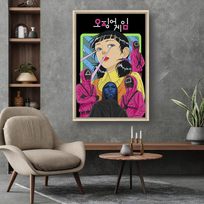 vibrant Squid Game Netflix framed canvas print featuring iconic characters and bold colors in a modern living space.