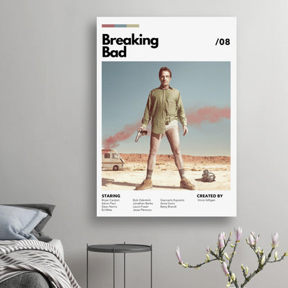 Retro Breaking Bad poster featuring Walter White in iconic desert attire, showcasing vintage TV aesthetics for room decor.