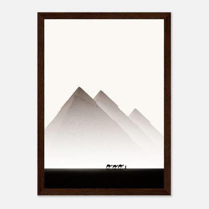 Framed print of the Pyramids of Giza with camels, capturing the essence of Egypt's majestic desert landscape.