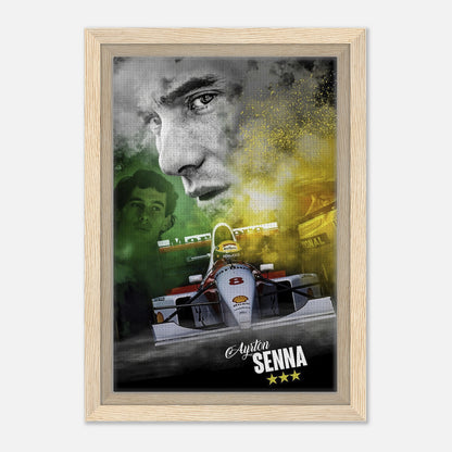 Ayrton Senna framed canvas print showcasing his iconic Formula 1 legacy with vivid colors and intricate details.