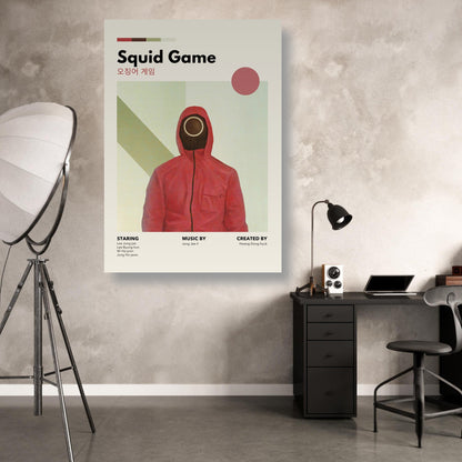 Vintage Squid Game metal print featuring iconic red guard design in minimalist style, perfect for fans and decor enthusiasts.