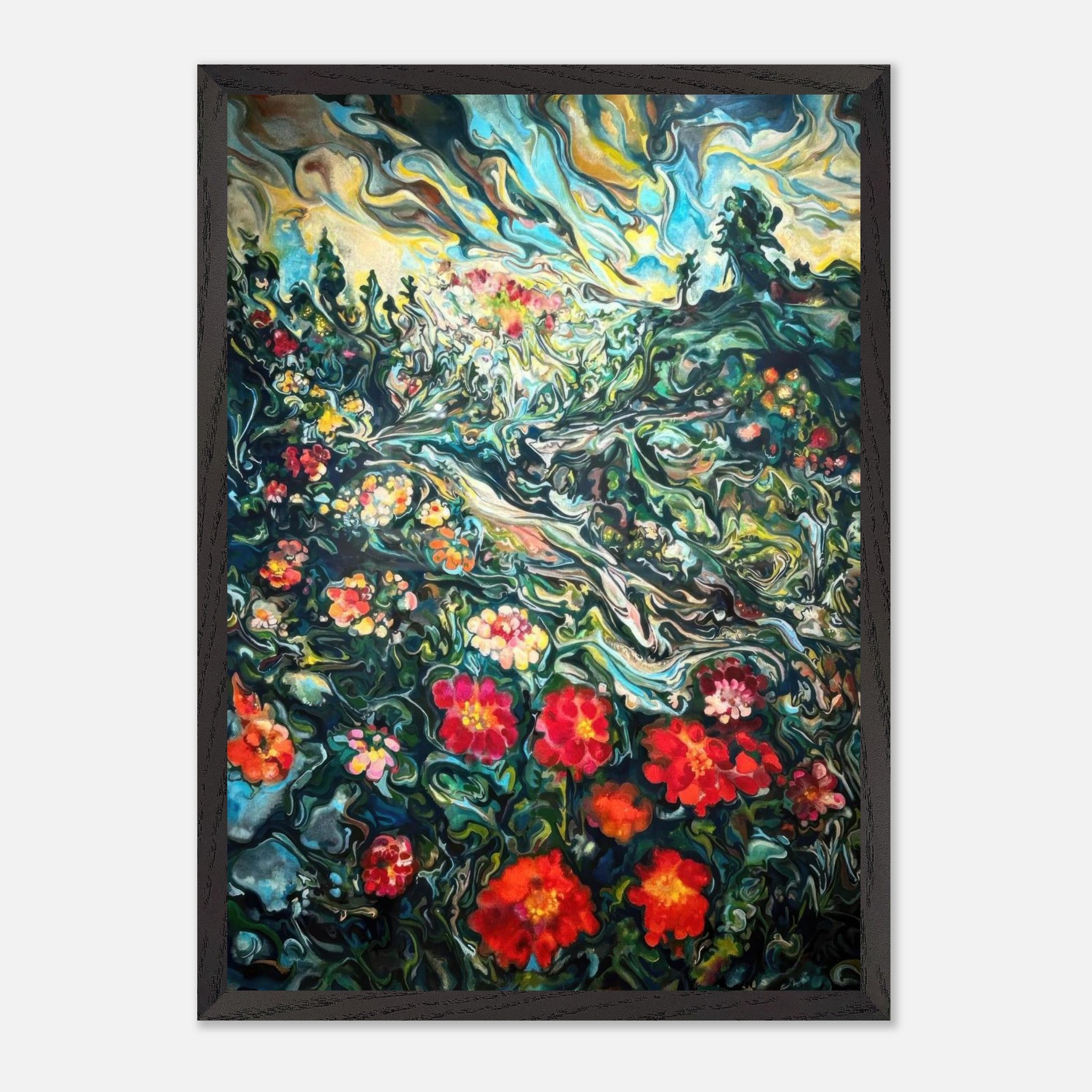 Vibrant abstract floral landscape painting with colorful flowers and dynamic brushstrokes, perfect for fine art decor.