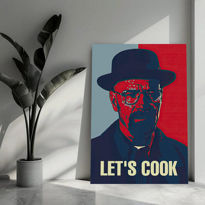 Heisenberg Let's Cook metal poster featuring bold pop art design in vibrant colors, enhancing modern decor.