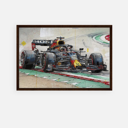 Framed canvas print of Max Verstappen racing in his Red Bull car, showcasing vibrant colors and dynamic detail.