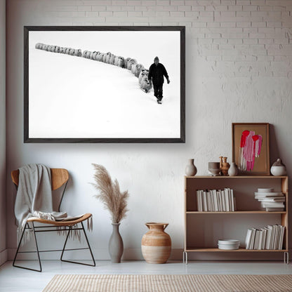 Black-and-white fine art print of a shepherd walking through snow with his flock, enhancing modern home decor.