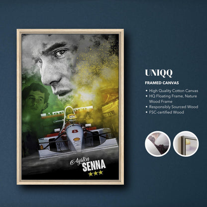 Ayrton Senna framed canvas print featuring vivid design, high-quality cotton canvas, and natural wood frame.