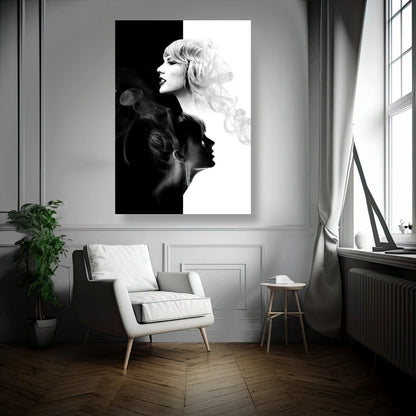 Taylor Swift black and white metal print displayed in modern home décor, featuring elegant dual-tone design.