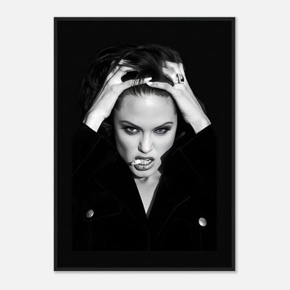 Angelina Jolie Smoking Framed Print in black and white, showcasing timeless glamour and dramatic contrast.