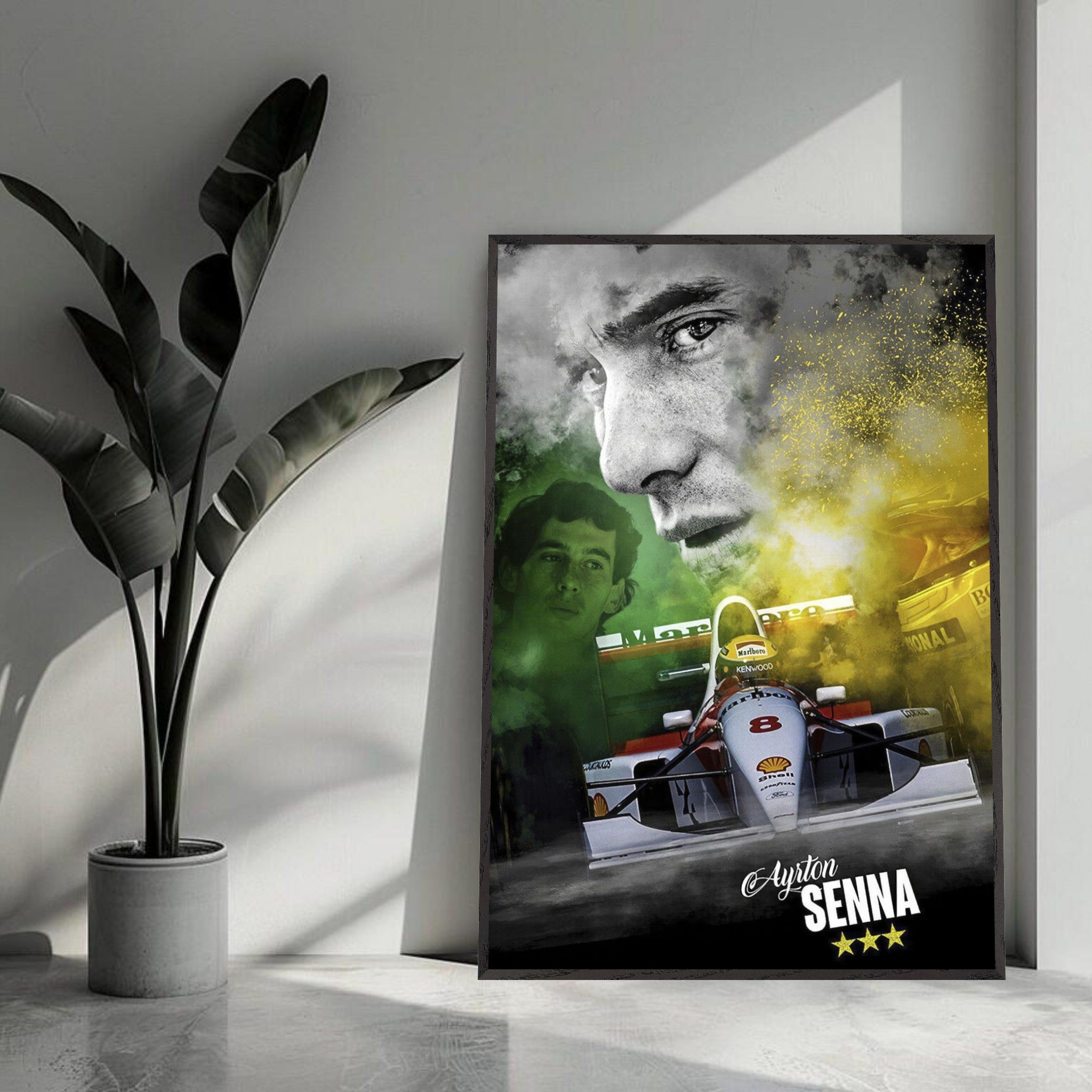 Ayrton Senna fine art print featuring his iconic racing car and portrait, showcasing vibrant colors and a nostalgic racing tribute.