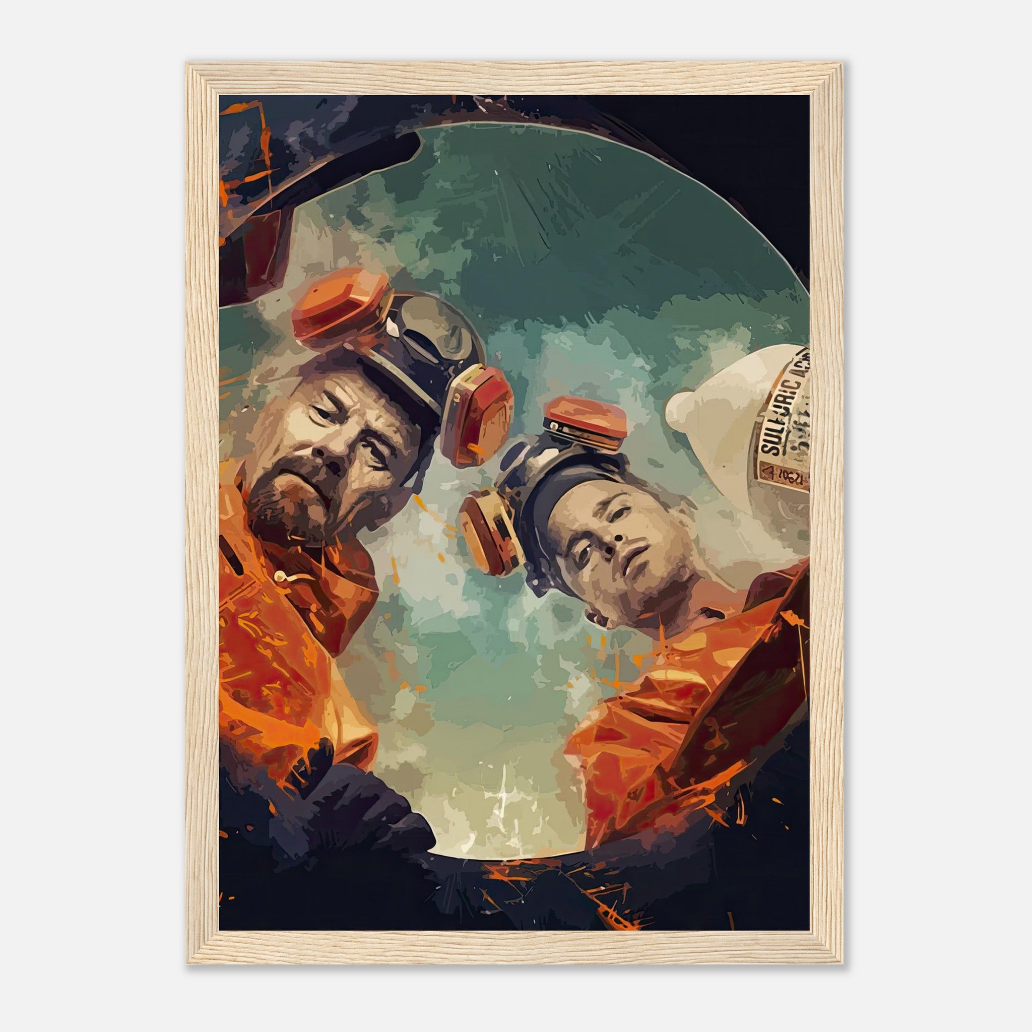 Cook & Clean Breaking Bad framed print featuring Walter White and Jesse Pinkman in hazmat suits, vibrant artistic depiction.