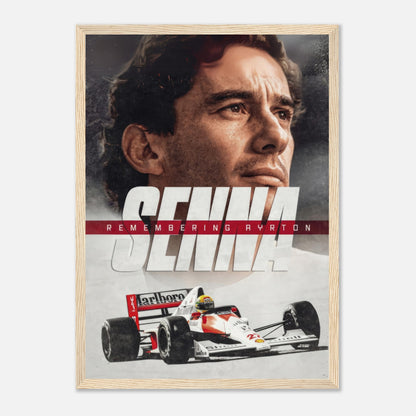 Ayrton Senna framed print featuring a dramatic image of the racing icon alongside his iconic car, celebrating his legacy in motorsport.