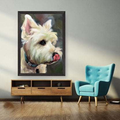 Westie dog painting vintage framed print displayed in a stylish living room with modern decor.