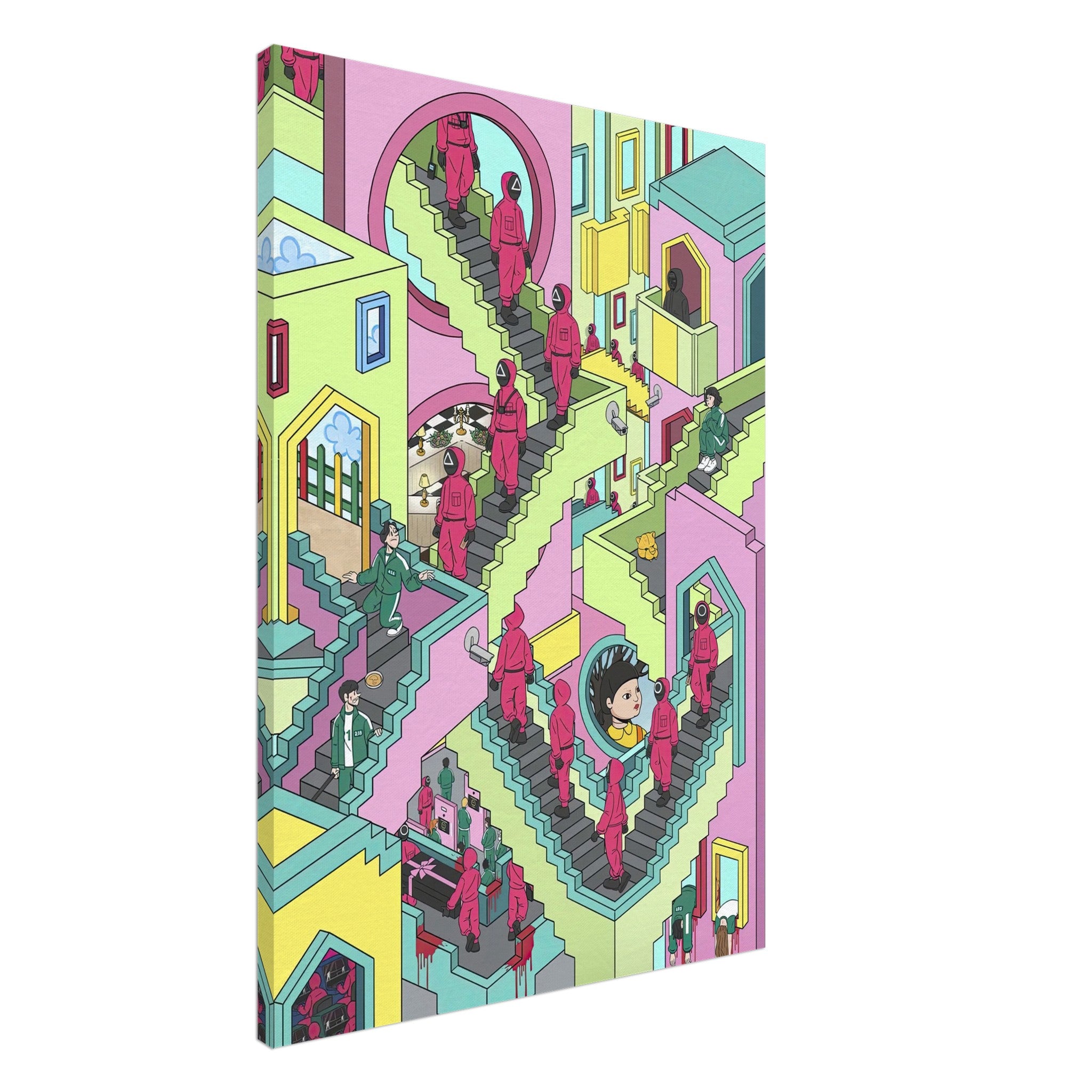 Squid Game Stairs canvas artwork showcasing vibrant colors and surreal staircase scene, perfect for modern art lovers.