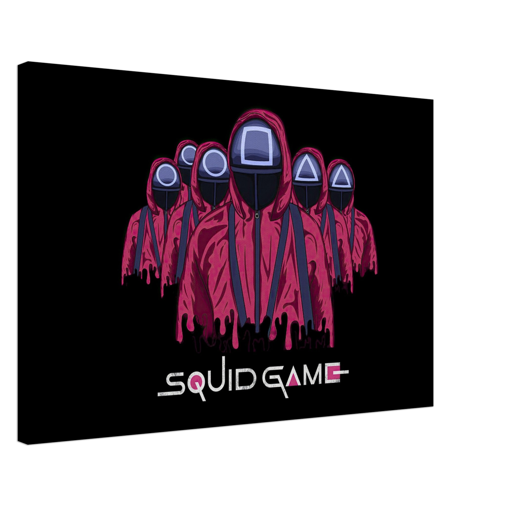 Squid Game Soldiers canvas art featuring masked guards in red uniforms on a sleek black background.